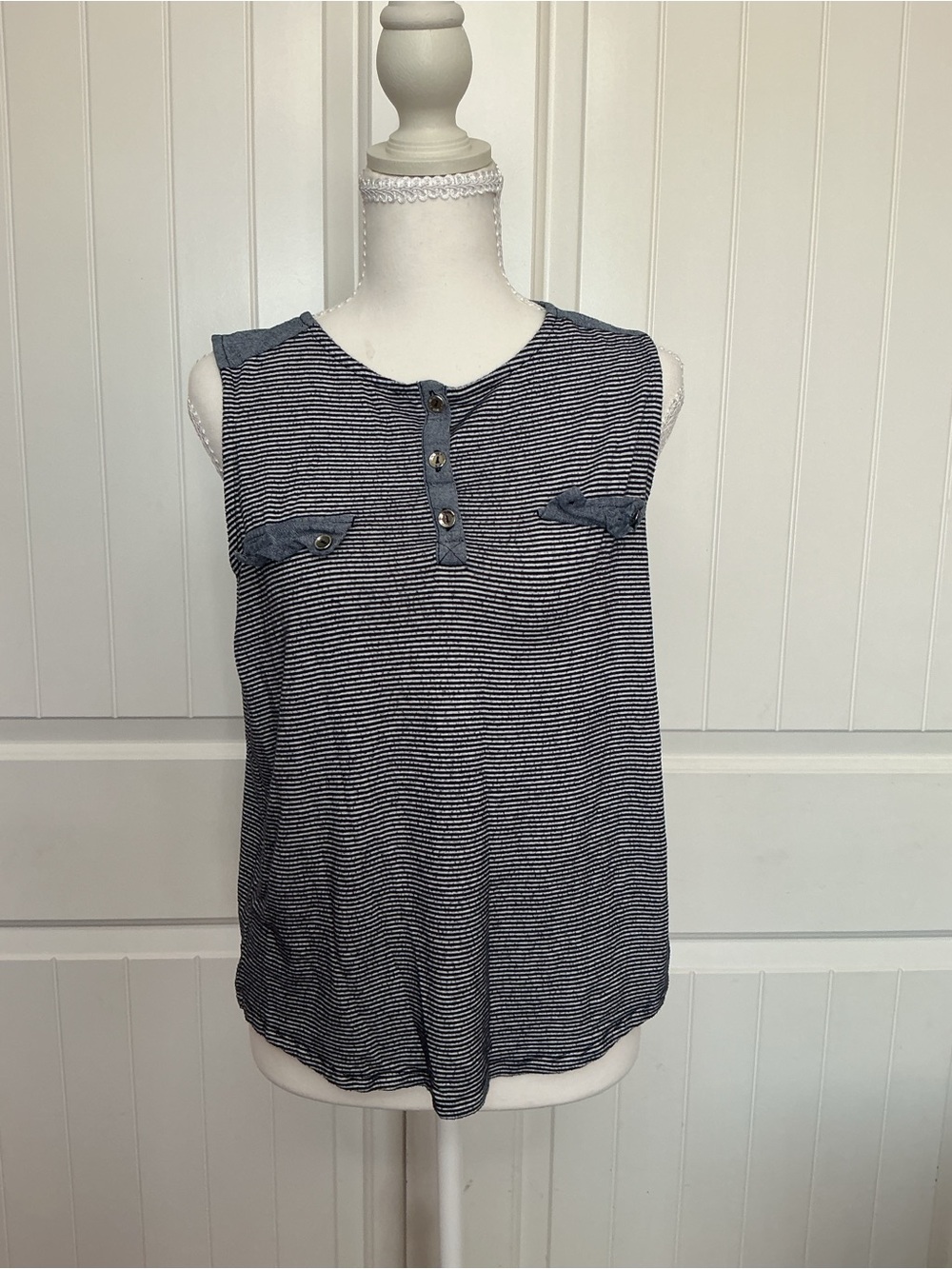 Faith and Joy Navy and White Striped Sleeveless Henley Tank